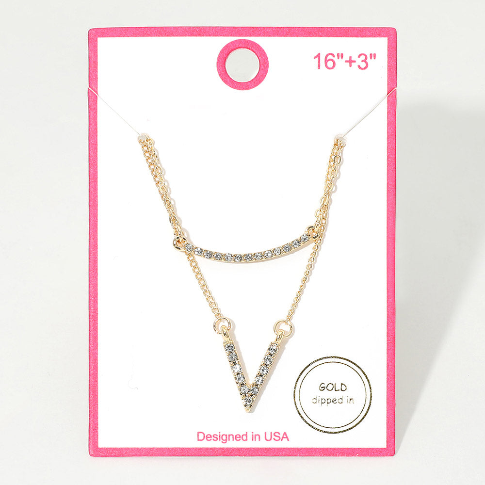 Madeline Love Clear, Gold Gold Dipped Rhinestone Pave V Bar Pendant Layered Necklace - Necklaces