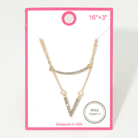 Madeline Love Clear, Gold Gold Dipped Rhinestone Pave V Bar Pendant Layered Necklace - Necklaces