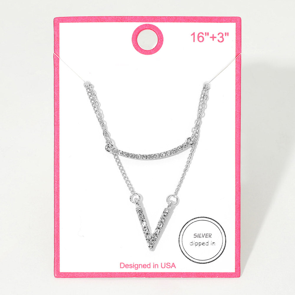 Madeline Love Clear, Rhodium Silver Dipped Rhinestone Pave V Bar Pendant Layered Necklace - Necklaces