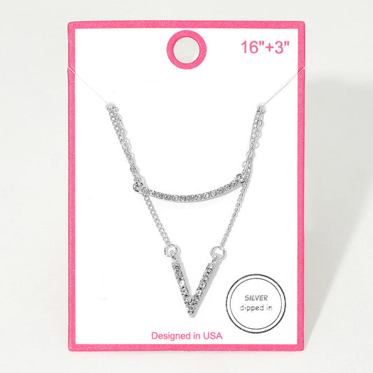 Madeline Love Clear, Rhodium Silver Dipped Rhinestone Pave V Bar Pendant Layered Necklace - Necklaces