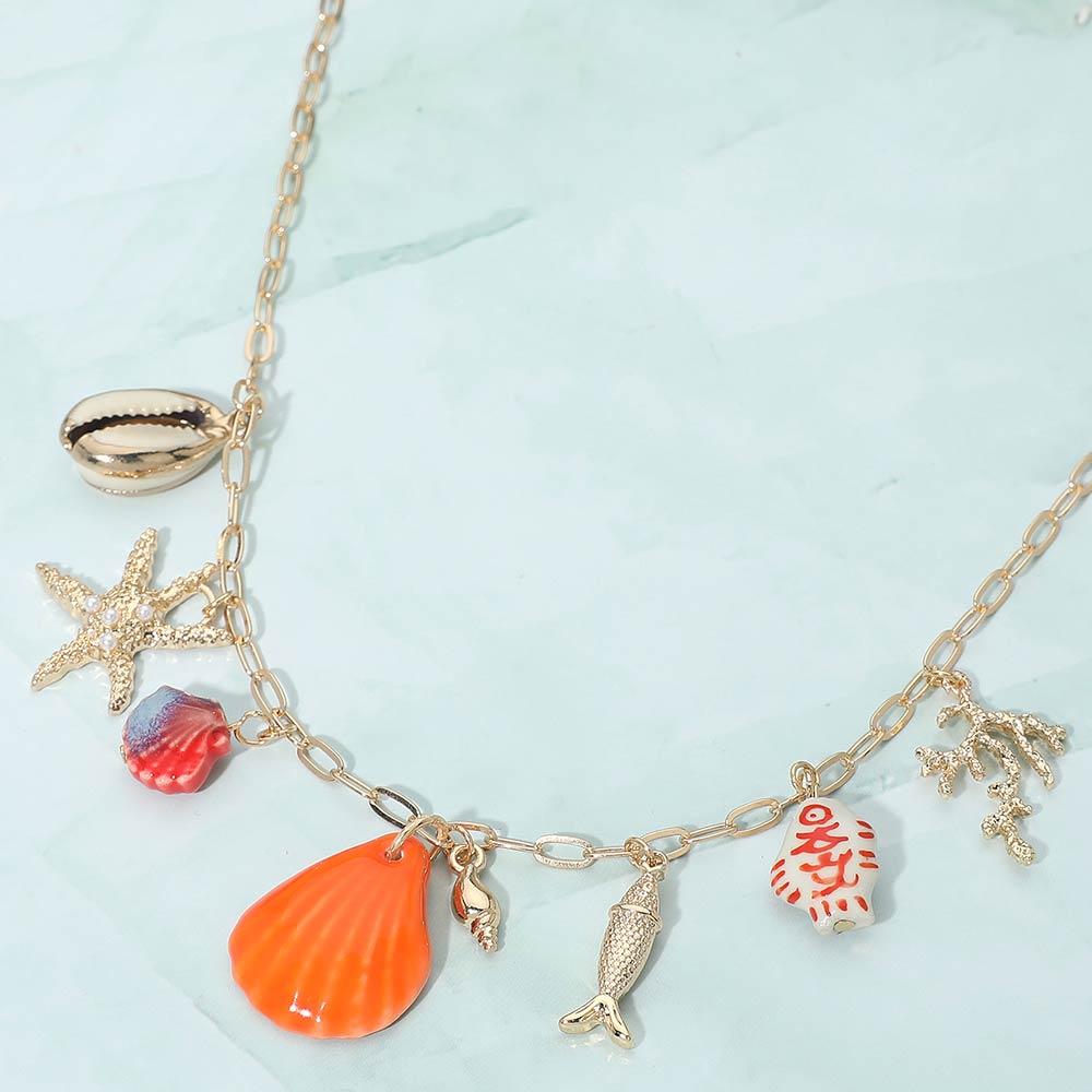 Madeline Love Gold, Orange Ocean Charm Station Necklace - Necklaces