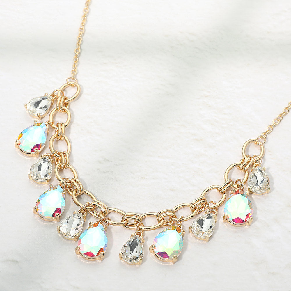 Madeline Love AB, Gold, White Cushion Teardrop Cluster Drop Station Necklace