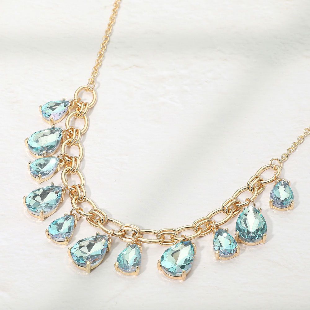 Madeline Love AB, Aqua Cushion Teardrop Cluster Drop Station Necklace