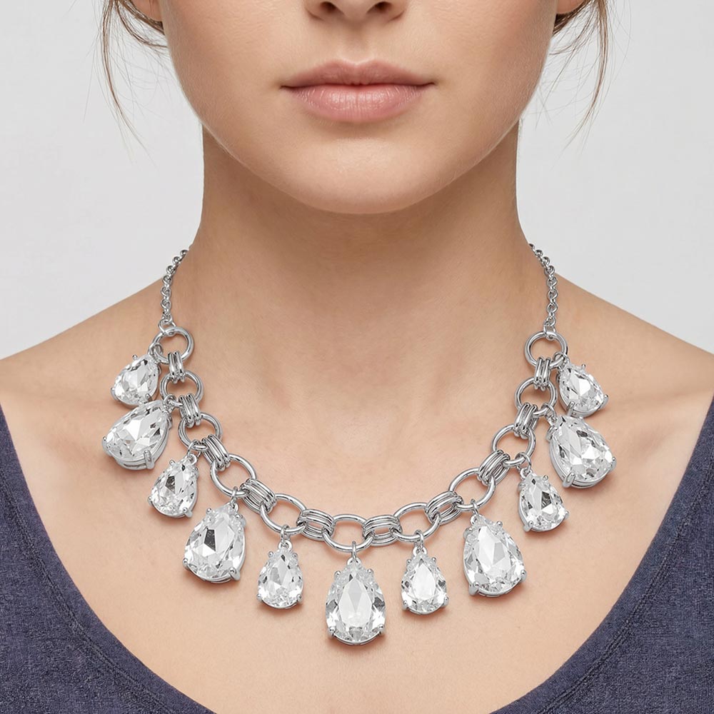 Madeline Love Antique Silver, Clear Cushion Teardrop Cluster Drop Station Necklace