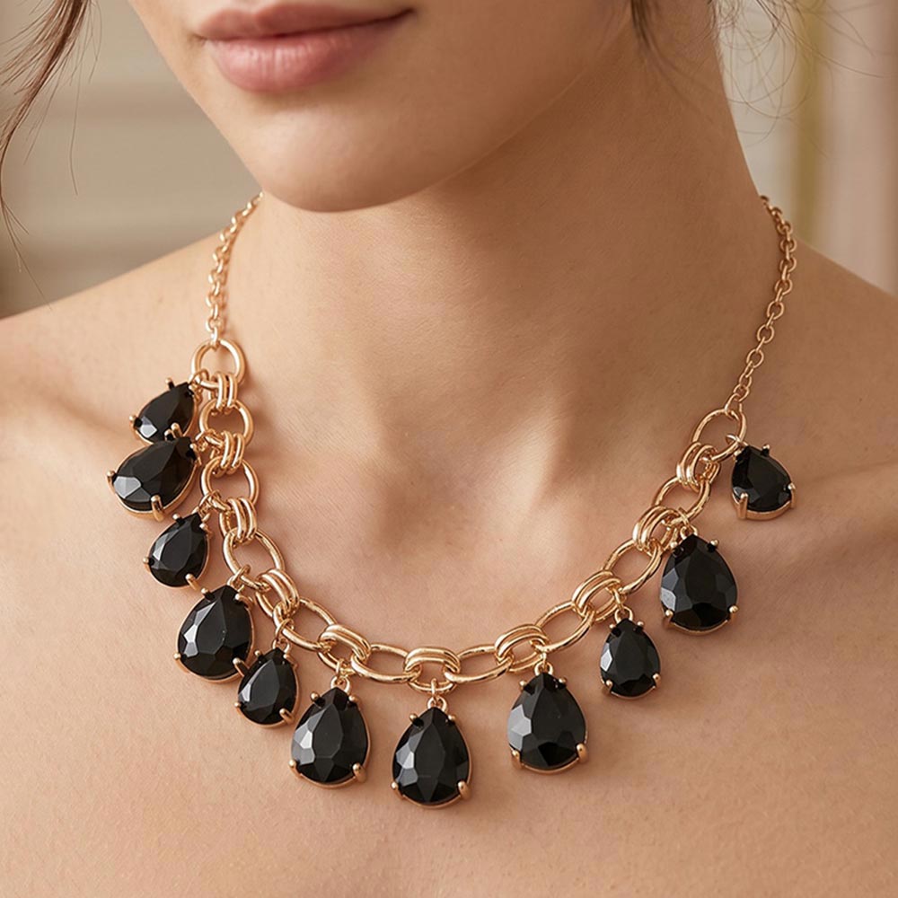 Madeline Love Black Cushion Teardrop Cluster Drop Station Necklace
