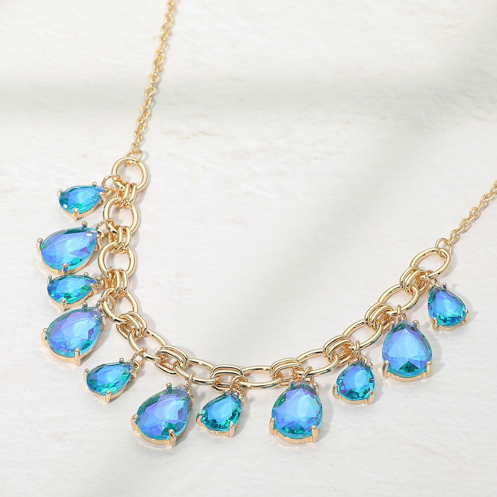 Madeline Love AB, Blue Cushion Teardrop Cluster Drop Station Necklace