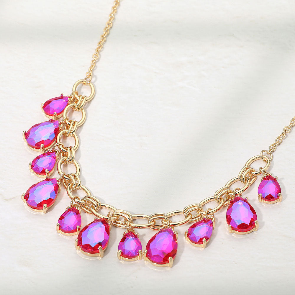 Madeline Love AB, Fuchsia Cushion Teardrop Cluster Drop Station Necklace