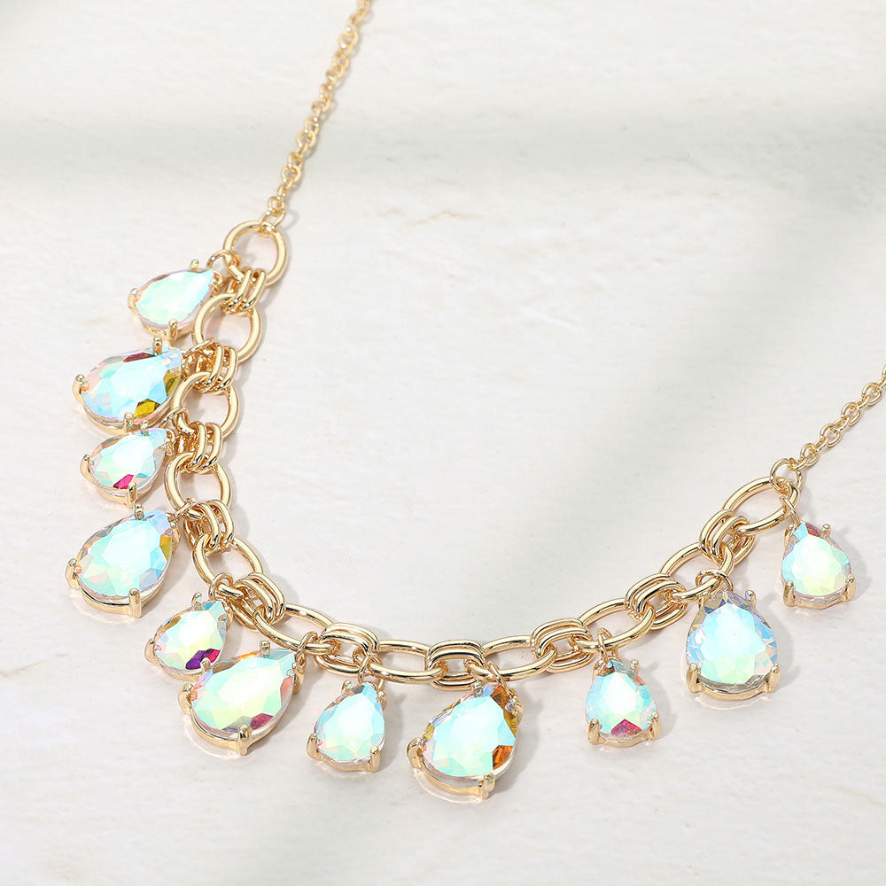Madeline Love AB, Gold Cushion Teardrop Cluster Drop Station Necklace