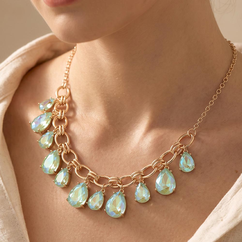 Madeline Love AB, Mint Cushion Teardrop Cluster Drop Station Necklace