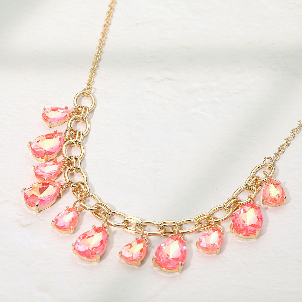 Madeline Love AB, Coral, Neon Cushion Teardrop Cluster Drop Station Necklace