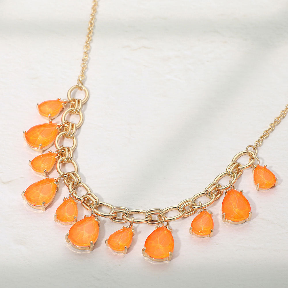 Madeline Love Coral, Neon Cushion Teardrop Cluster Drop Station Necklace