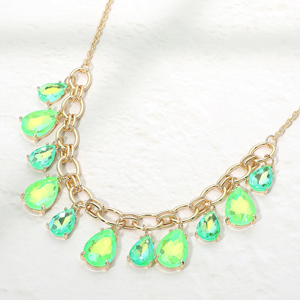 Madeline Love AB, Mint, Neon Cushion Teardrop Cluster Drop Station Necklace