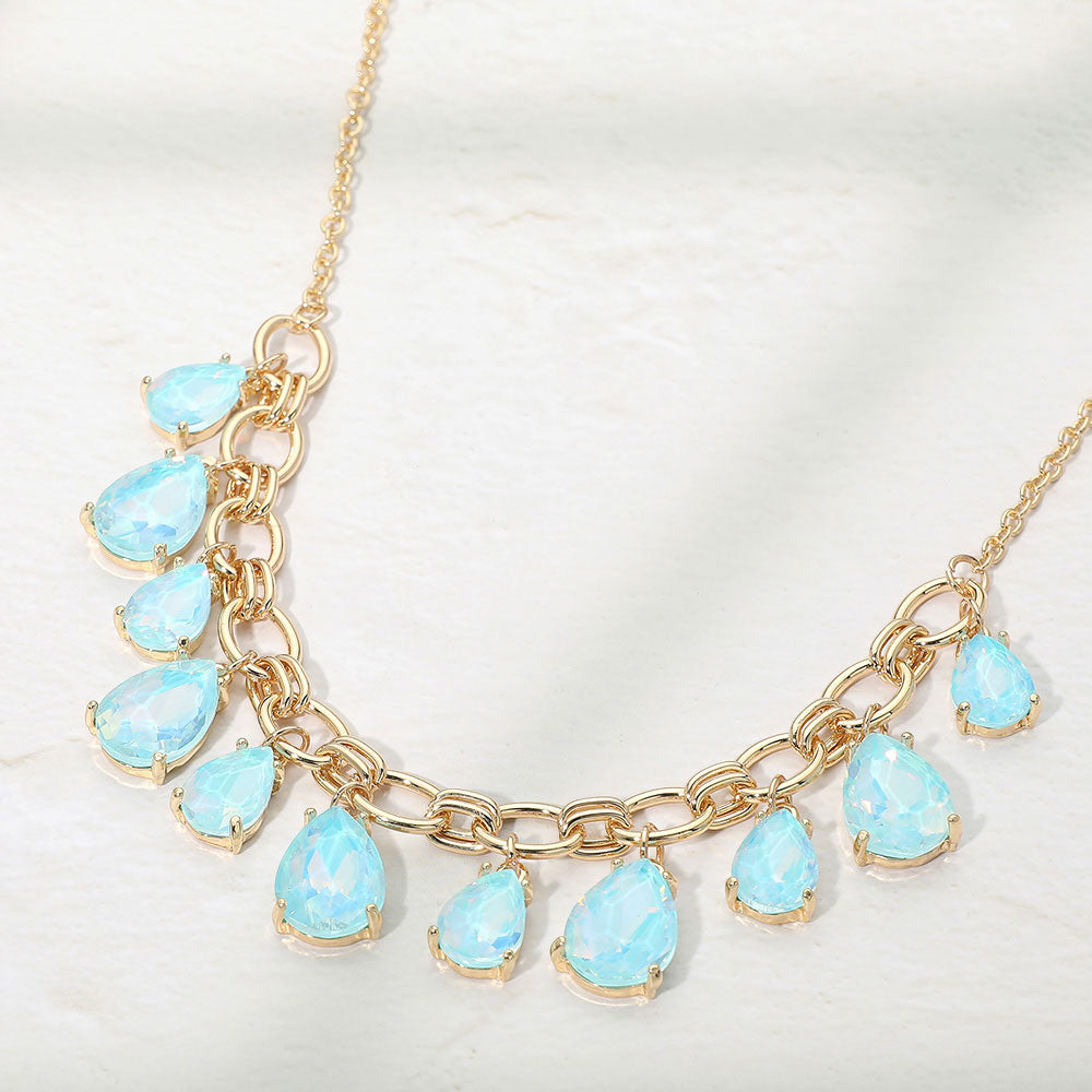 Madeline Love Aqua, Opal Cushion Teardrop Cluster Drop Station Necklace