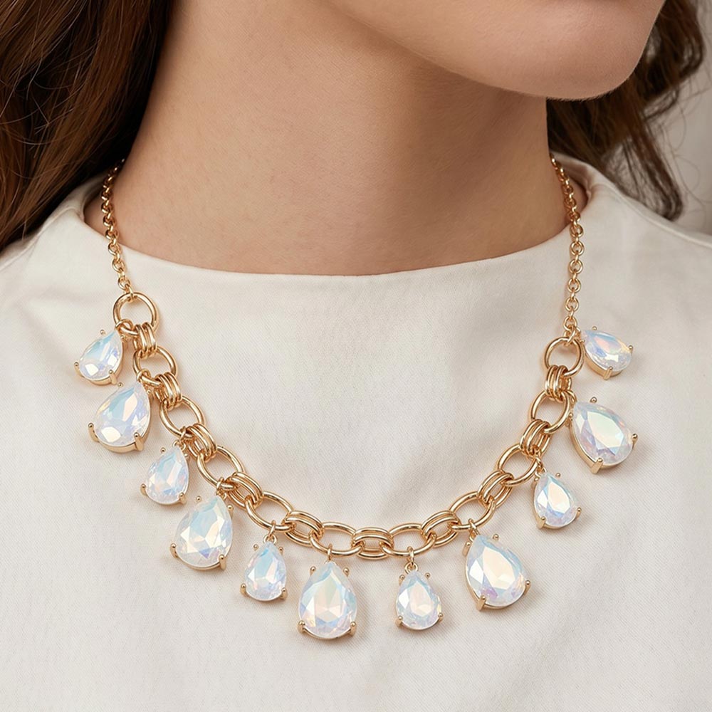 Madeline Love Opal, White Cushion Teardrop Cluster Drop Station Necklace