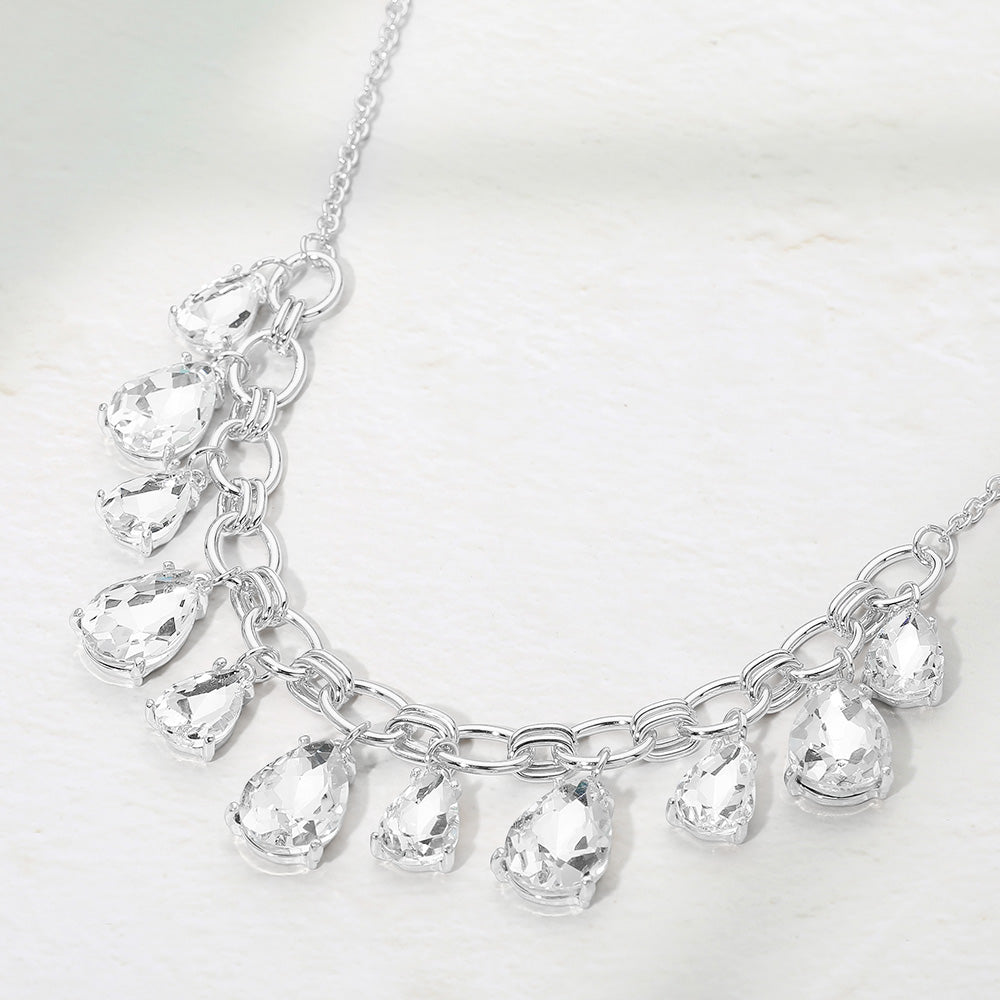 Madeline Love Clear, Silver Cushion Teardrop Cluster Drop Station Necklace