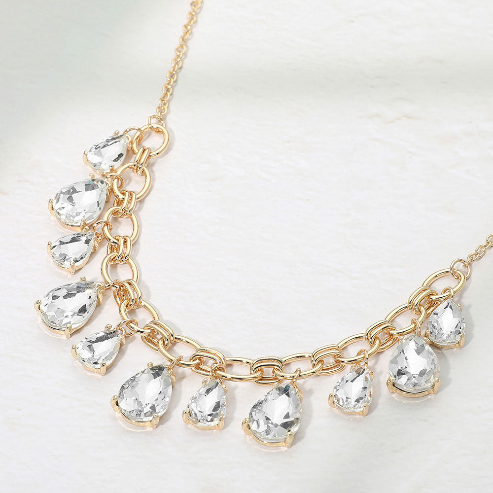 Madeline Love Clear, Gold Cushion Teardrop Cluster Drop Station Necklace