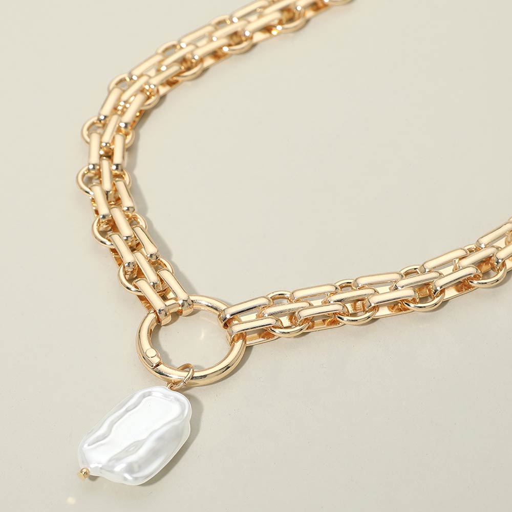 Madeline Love Cream, Gold Baroque Pearl Pearl Charm Pendant Chunky Link Chain Necklace - Necklaces