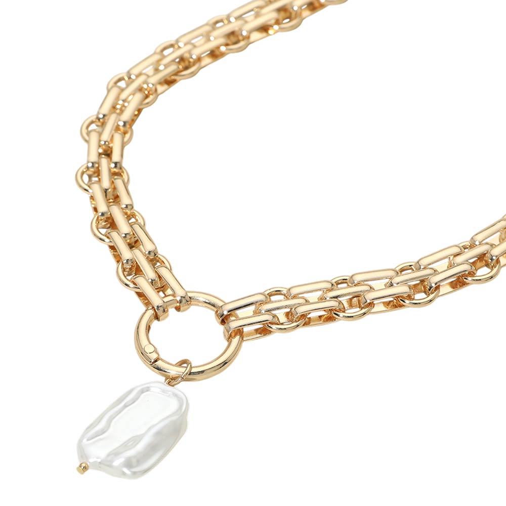Madeline Love Cream, Gold Baroque Pearl Pearl Charm Pendant Chunky Link Chain Necklace - Necklaces - desc