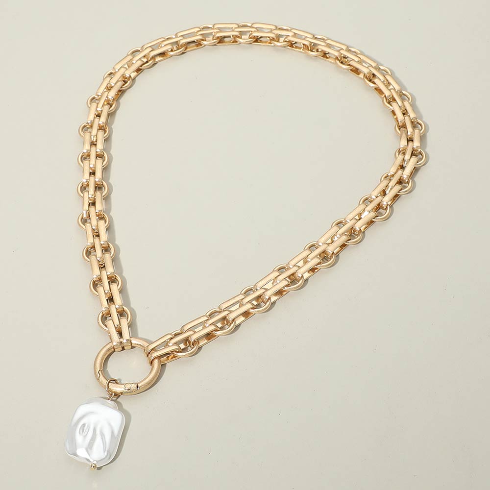 Madeline Love Cream, Worn Gold Baroque Pearl Pearl Charm Pendant Chunky Link Chain Necklace - Necklaces - extra