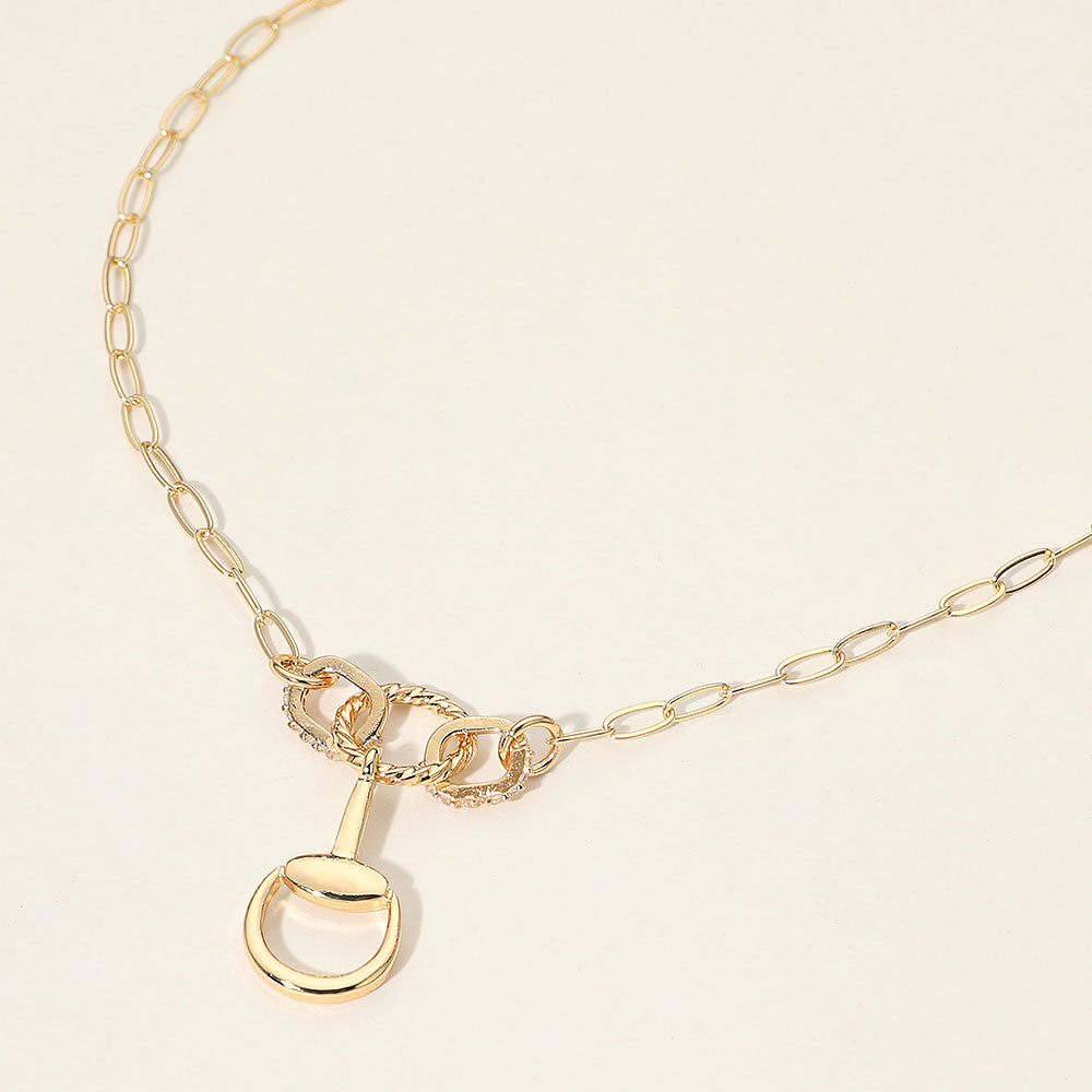 Madeline Love Clear, Gold Rhinestone Pave Link Horsebit Charm Accent Paperclip Chain Necklace