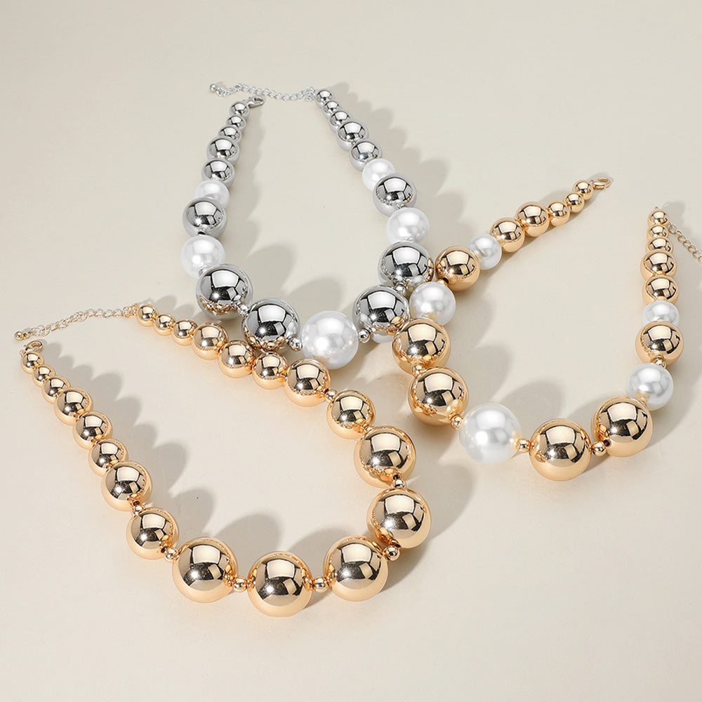 Cream Gold Chunky Metal Ball Beaded Necklace