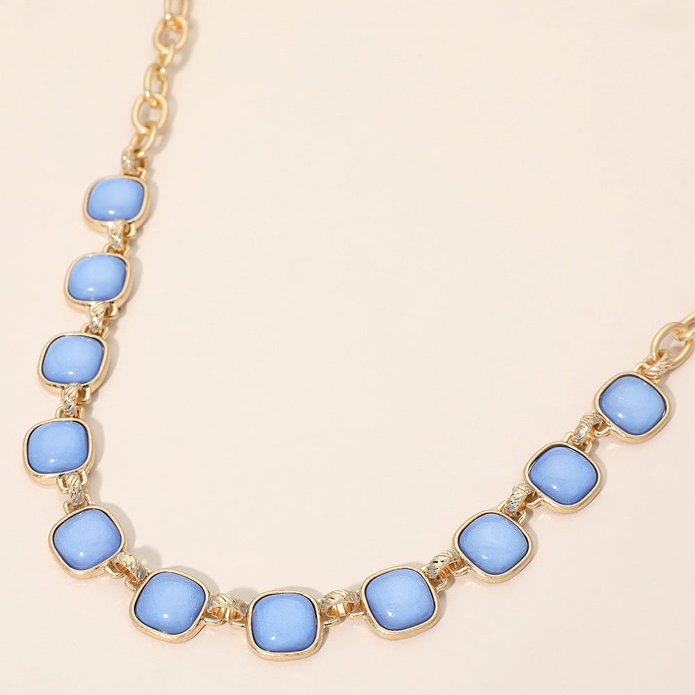 Madeline Love Blue, Worn Gold Bold Square Stone Link Necklace