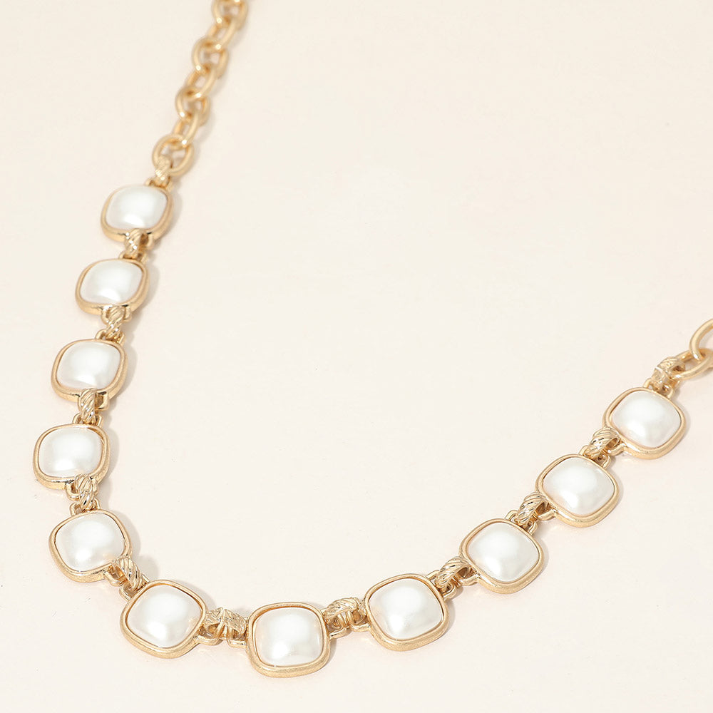 Madeline Love Cream, Worn Gold Bold Square Pearl Link Necklace