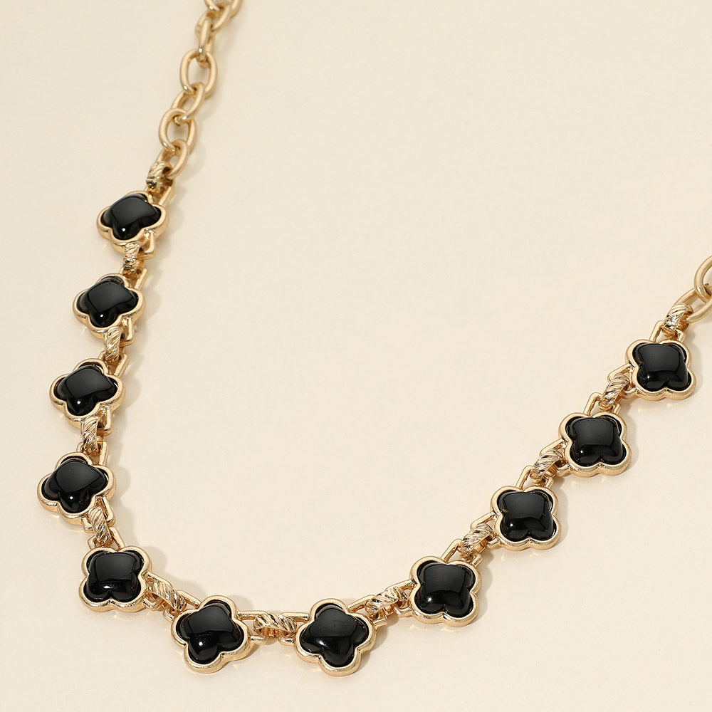 Madeline Love Black, Worn Gold Bold Quatrefoil Stone Link Necklace