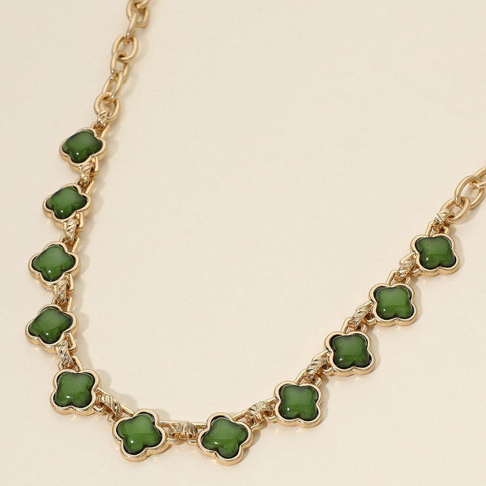 Madeline Love Green, Worn Gold Bold Quatrefoil Stone Link Necklace