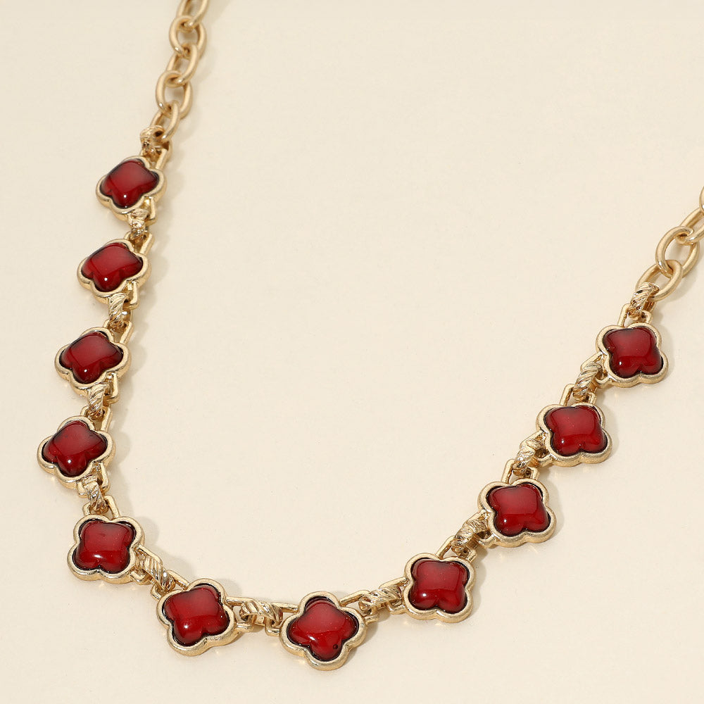 Madeline Love Red, Worn Gold Bold Quatrefoil Stone Link Necklace