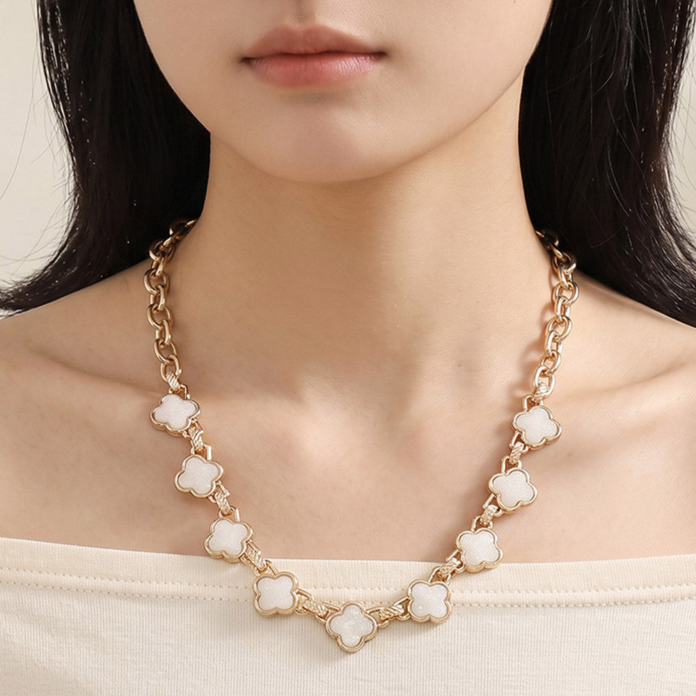 Madeline Love White, Worn Gold Bold Quatrefoil Stone Link Necklace