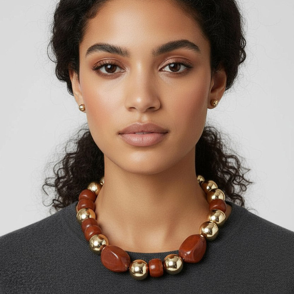 Madeline Love Brown, Gold Chunky Resin Pebble Metal Ball Beaded Statement Necklace - Necklaces