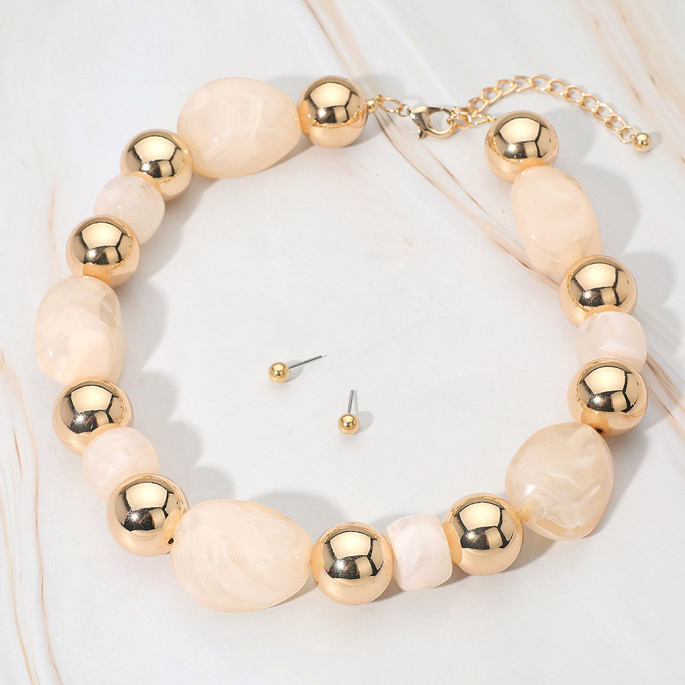 Madeline Love Ivory Chunky Resin Pebble Metal Ball Beaded Statement Necklace - Necklaces