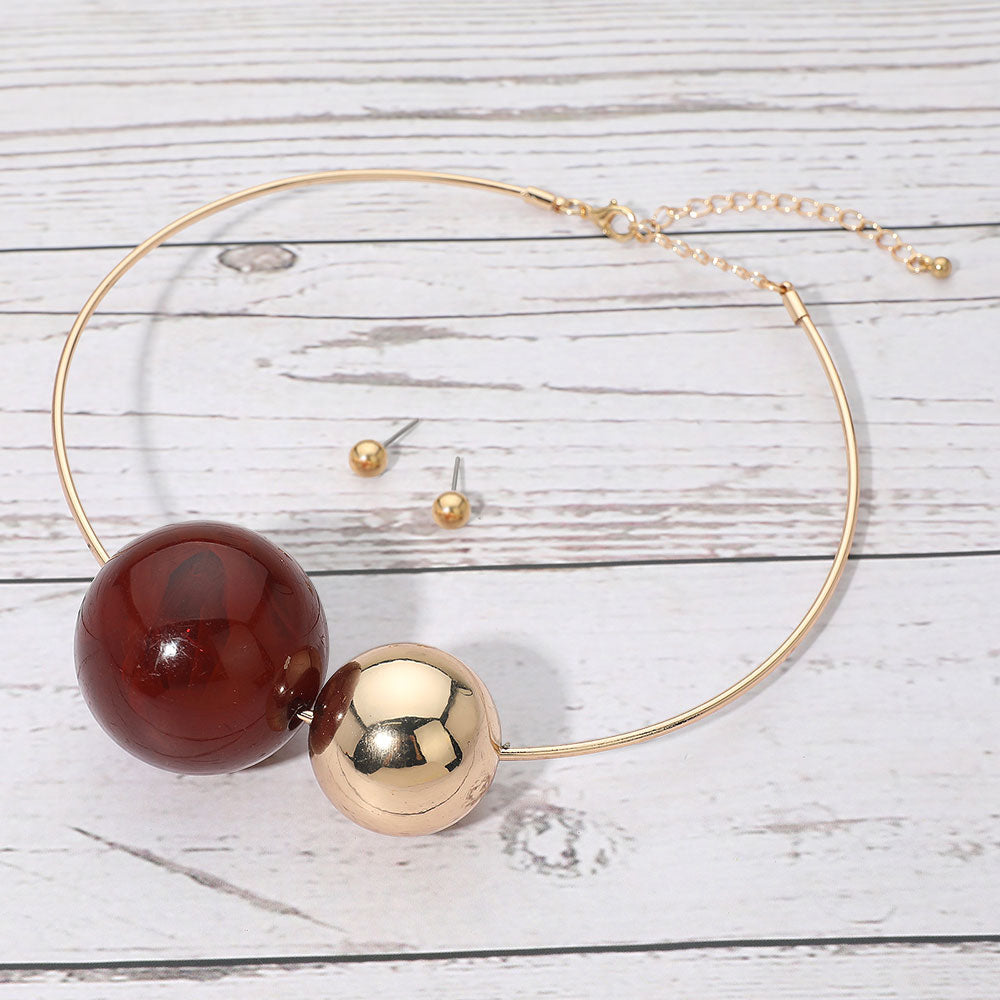 Madeline Love Brown, Gold Bold Resin Metal Ball Beaded Statement Choker Necklace - Necklaces