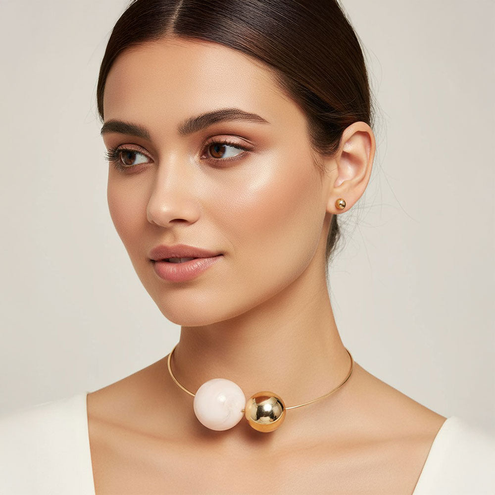 Madeline Love Gold, Ivory Bold Resin Metal Ball Beaded Statement Choker Necklace - Necklaces