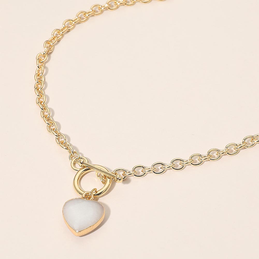 Madeline Love Gold, White Heart Charm Pendant Toggle Necklace - Necklaces