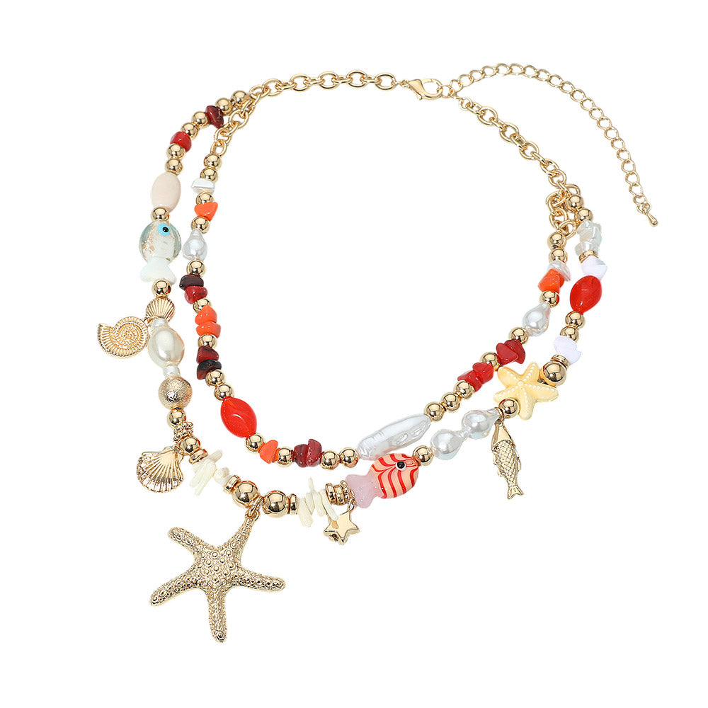 Madeline Love Coral, Gold Coastal Charm Pearl Pebble Beaded Layered Strand Statement Necklace - Necklaces - extra