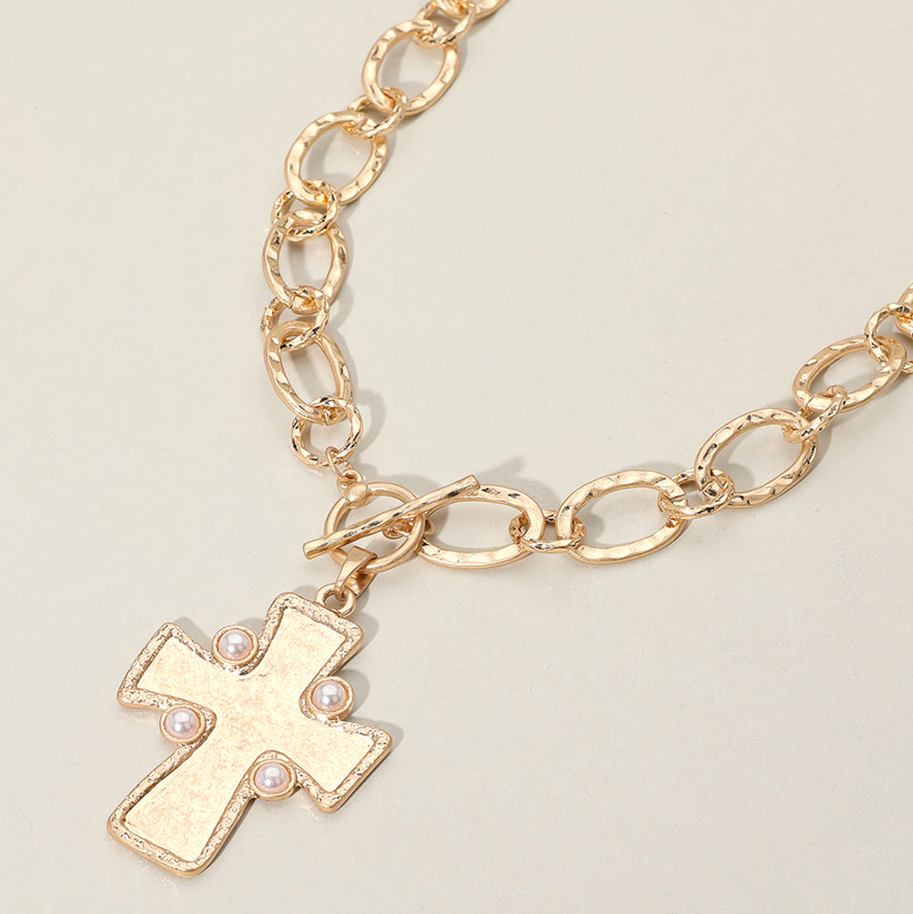 Madeline Love Worn Gold Pearl Pointed Hammered Matte Metal Cross Pendant Chunky Chain Necklace - Necklaces