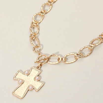 Madeline Love Worn Gold Pearl Pointed Hammered Matte Metal Cross Pendant Chunky Chain Necklace - Necklaces
