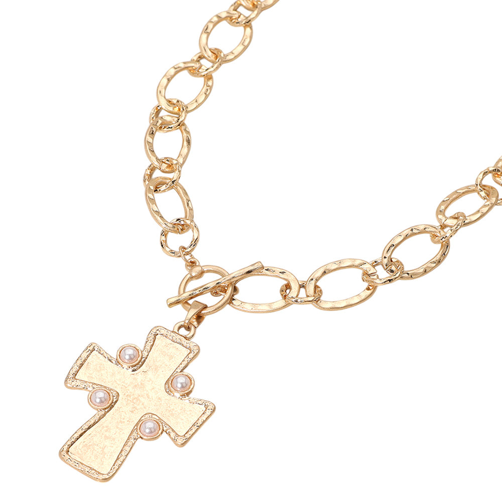 Madeline Love Worn Gold Pearl Pointed Hammered Matte Metal Cross Pendant Chunky Chain Necklace - Necklaces - desc
