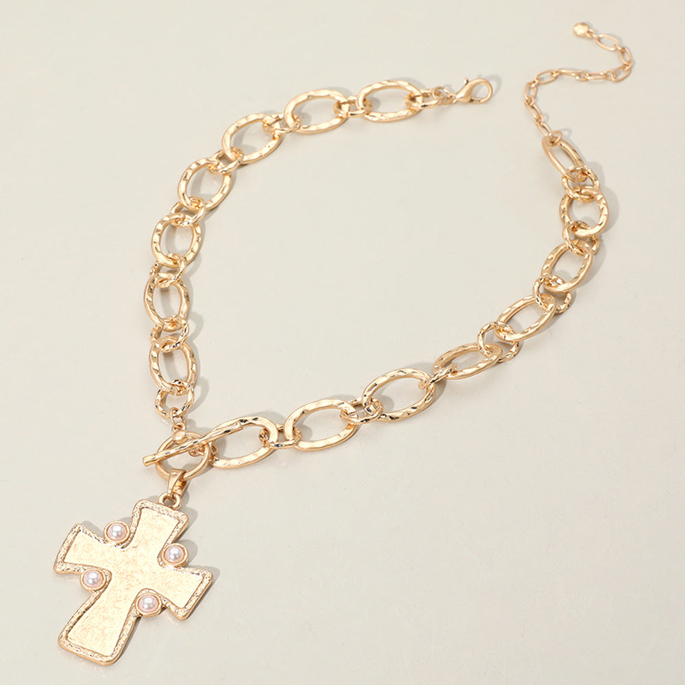 Madeline Love Worn Gold Pearl Pointed Hammered Matte Metal Cross Pendant Chunky Chain Necklace - Necklaces - extra