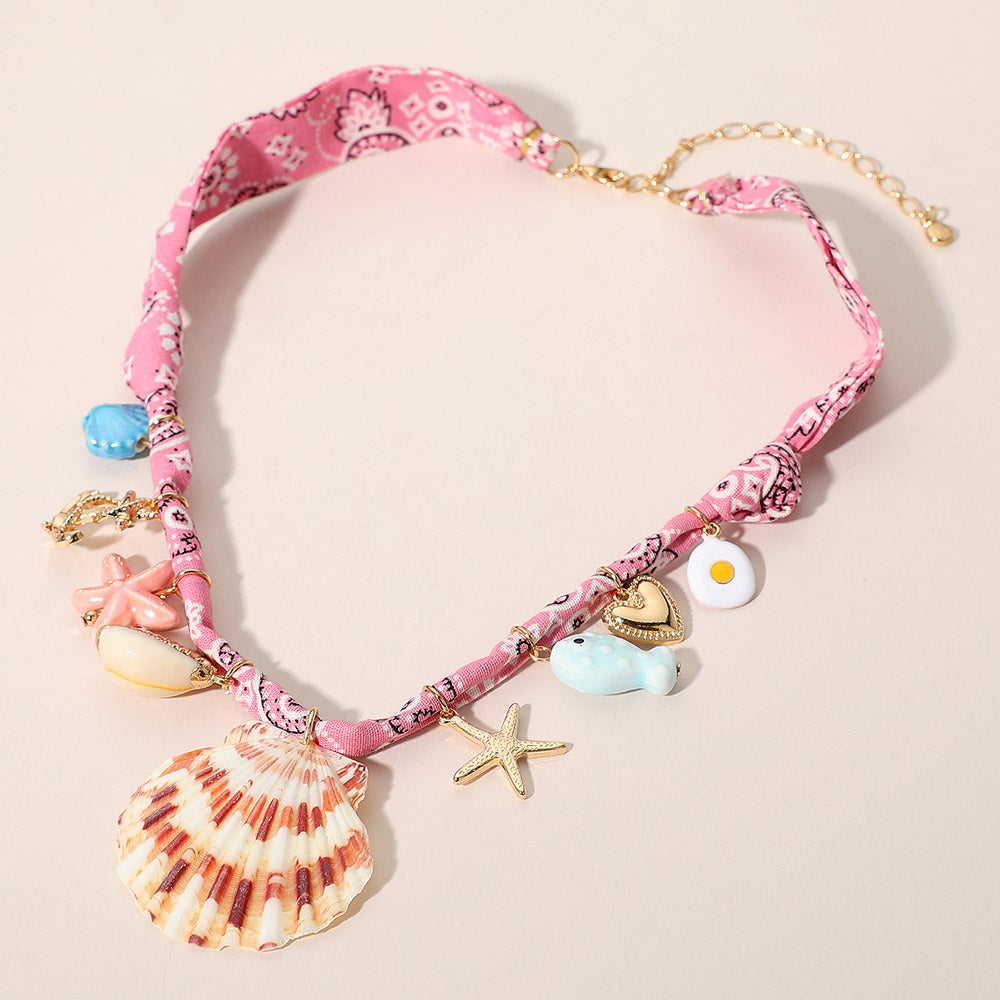 Madeline Love Pink Seashell Starfish Anchor Heart Charm Station Fabric Statement Necklace - Necklaces