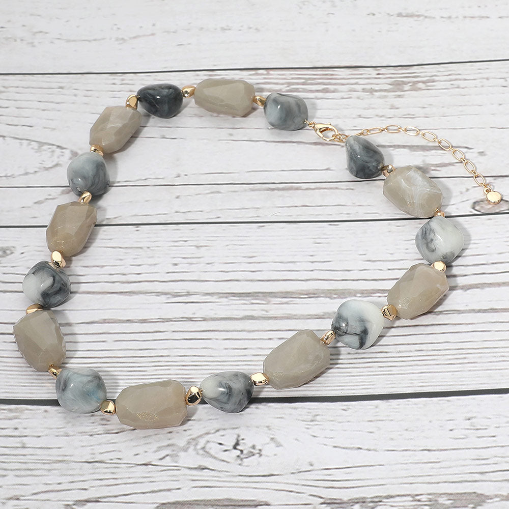 Madeline Love Gray Chunky Faceted Marbled Resin Pebble Beaded Statement Necklace - Necklaces