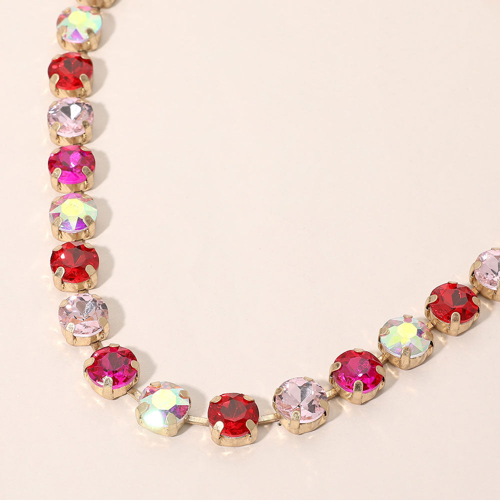 Madeline Love Multi, Pink Round Stone Cluster Link Tennis Chain Necklace