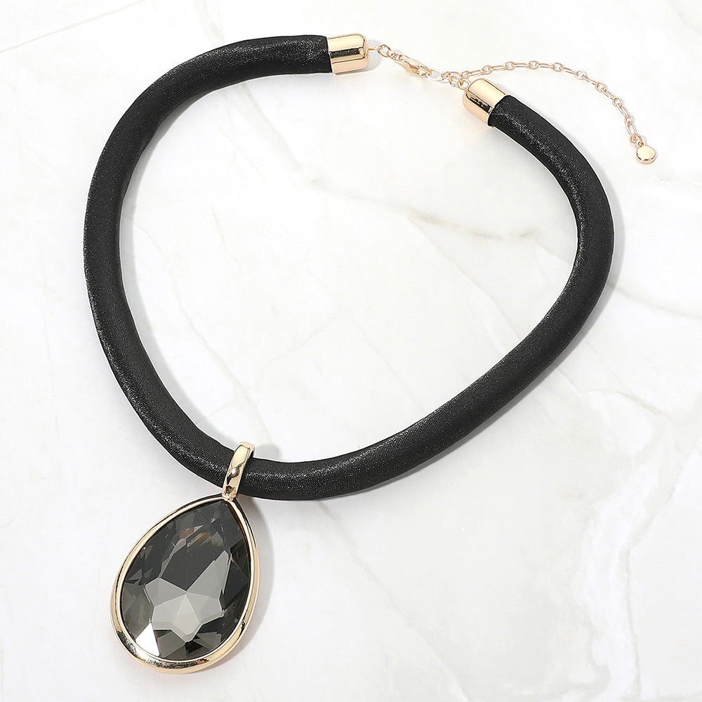 Madeline Love Black Bold Faceted Teardrop Pendant Fabric Chunky Necklace