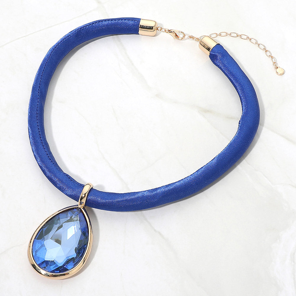 Madeline Love Blue Bold Faceted Teardrop Pendant Fabric Chunky Necklace