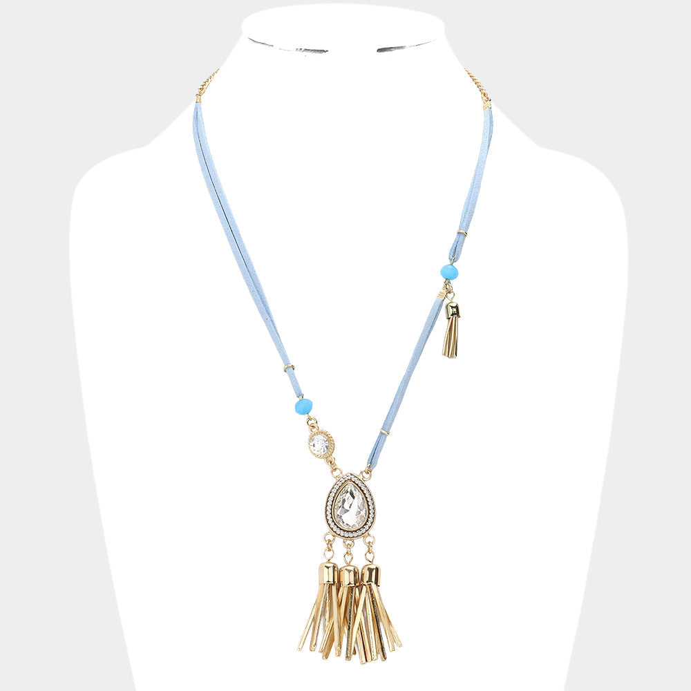 Madeline Love Light Blue Teardrop Stone Accented Tassel Pendant Necklace - Necklaces
