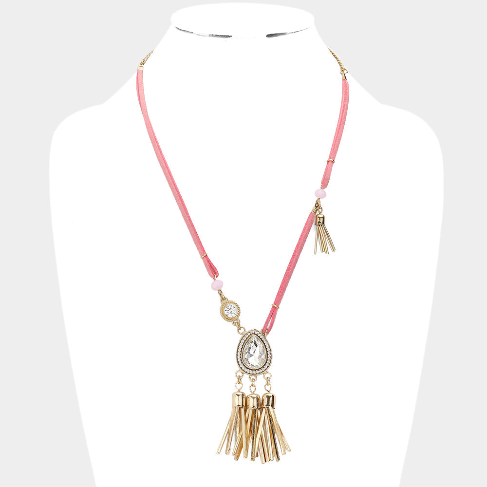 Madeline Love Pink Teardrop Stone Accented Tassel Pendant Necklace - Necklaces