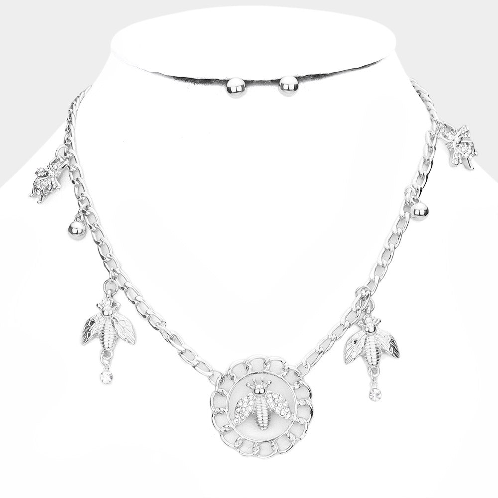 Madeline Love Rhodium Stone Embellished Honey Bee Pendant Station Necklace - Necklaces - extra