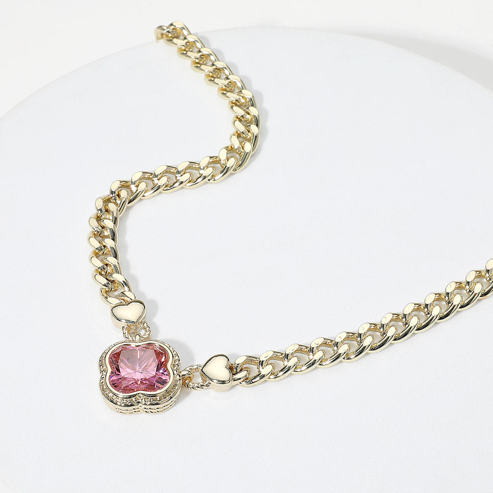 Madeline Love Gold, Pink 14K Gold Plated CZ Quatrefoil Pendant Pointed Chain Necklace